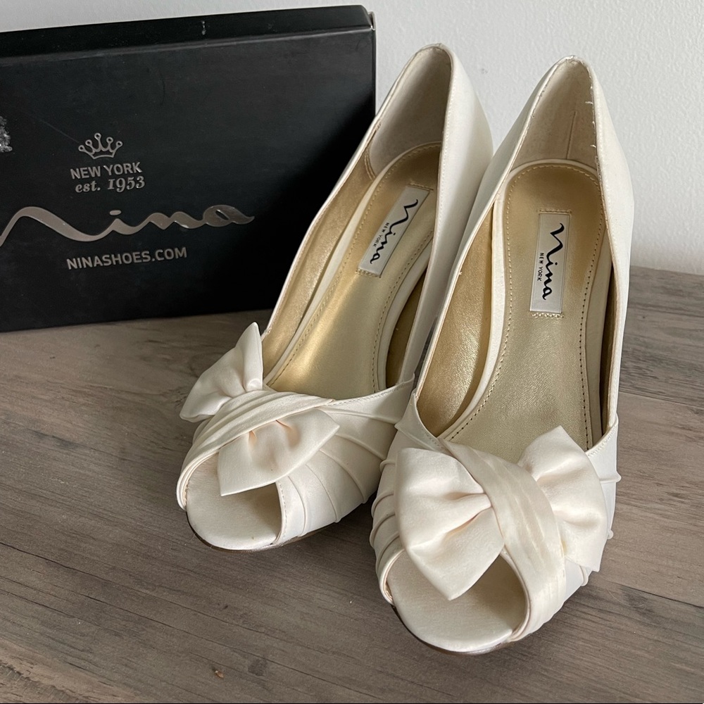 Nina Forbes Ivory Satin Peep-Toe Shoes
